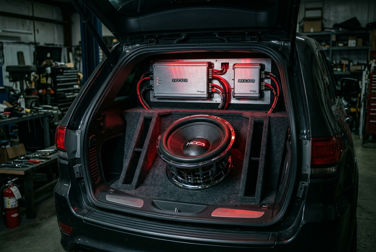 Custom car audio system with subwoofer and amplifier installation