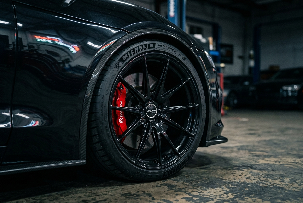 Close-up of a custom alloy rim and performance tire