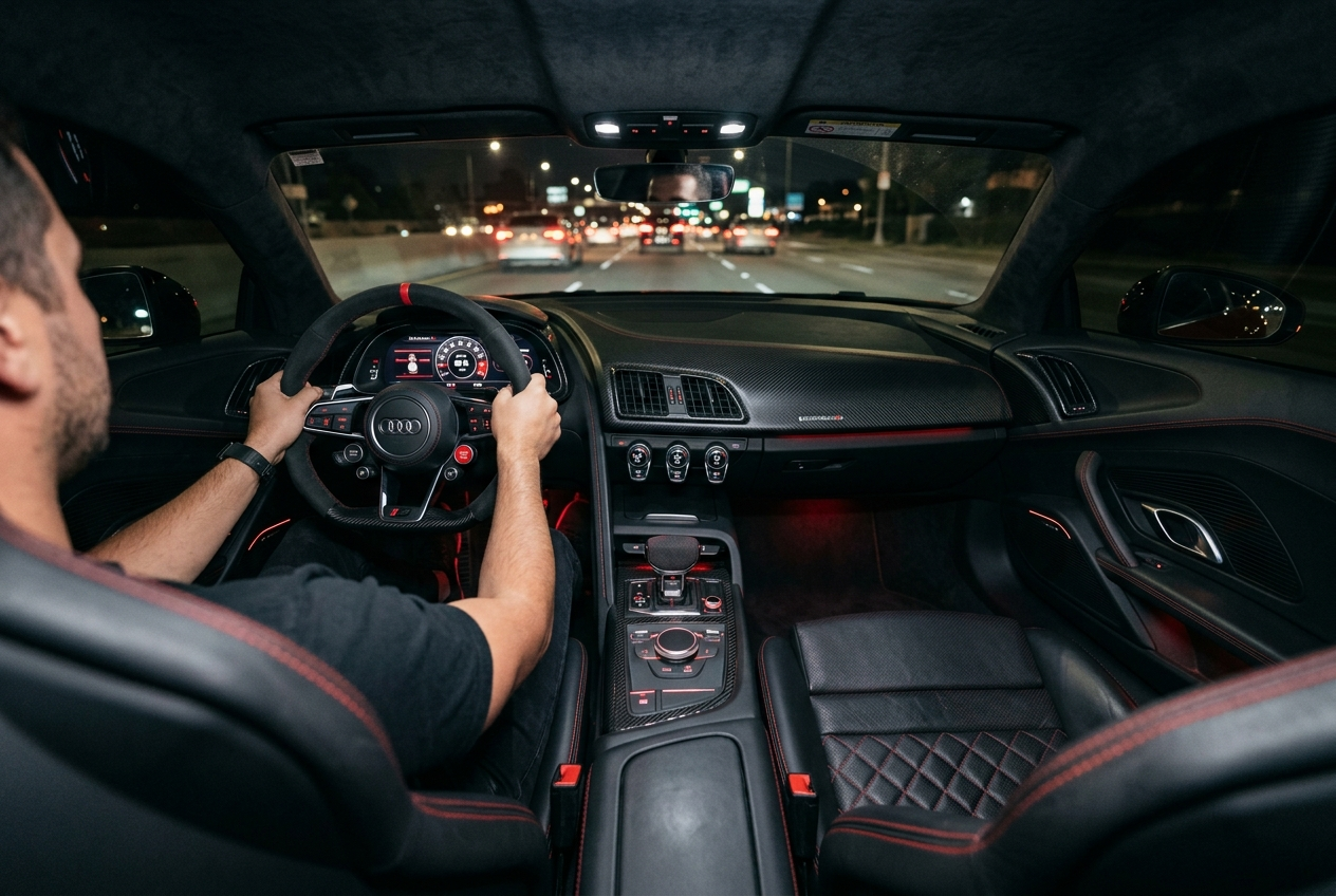 Custom car interior with black leather, red stitching, and carbon fiber trim